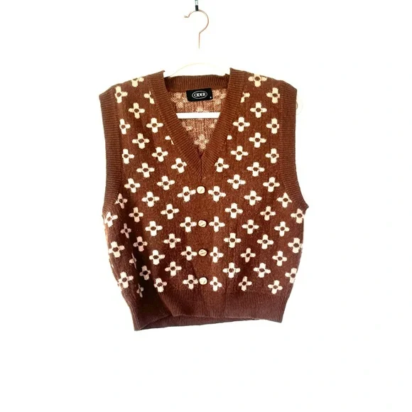 Cider Brown Floral Retro Crop Sweater Vest Designer LV S - Picture 2 of 7